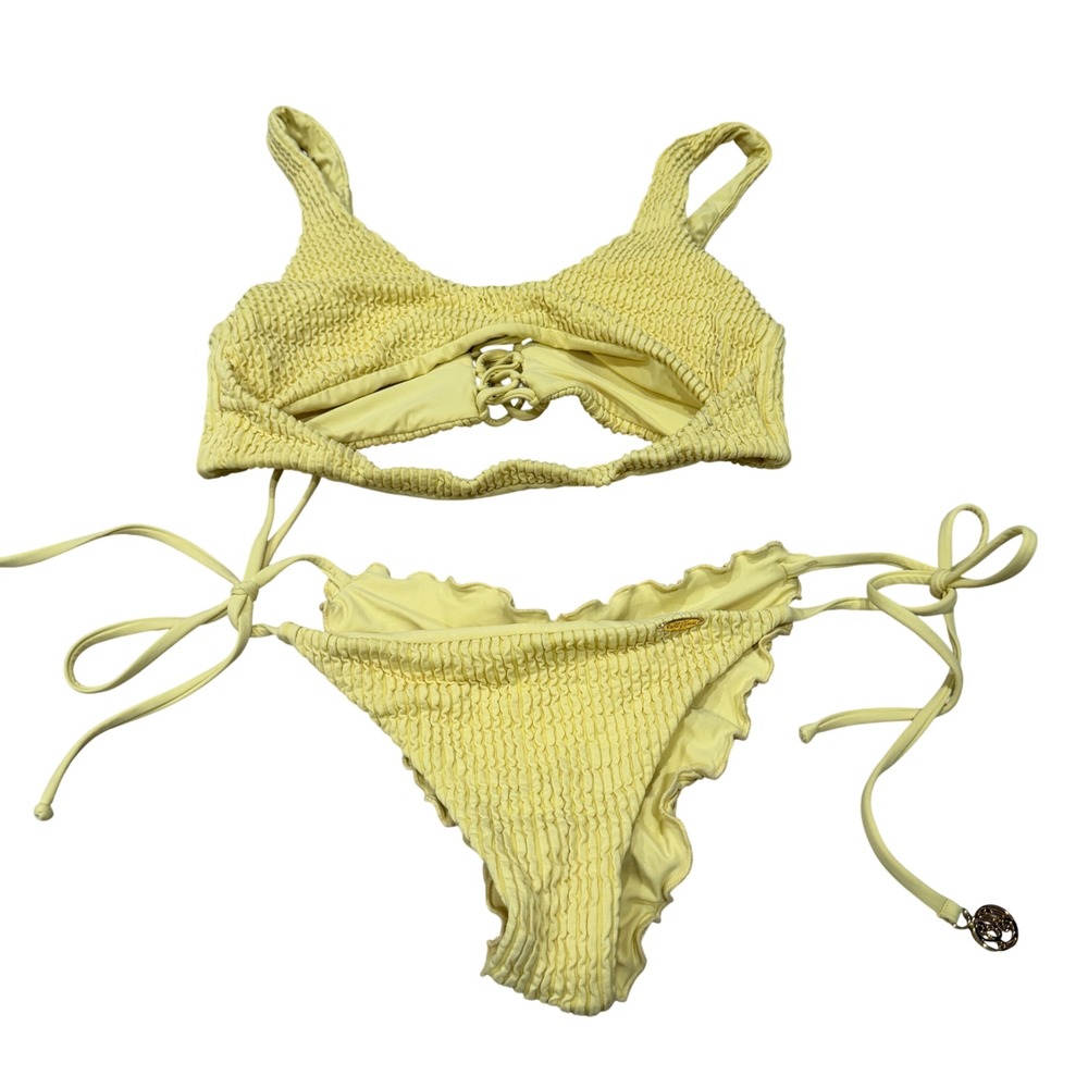 Luli Fama Yellow Smocked Ruffle Bikini Set Lace Up Top Side Tie Bottoms